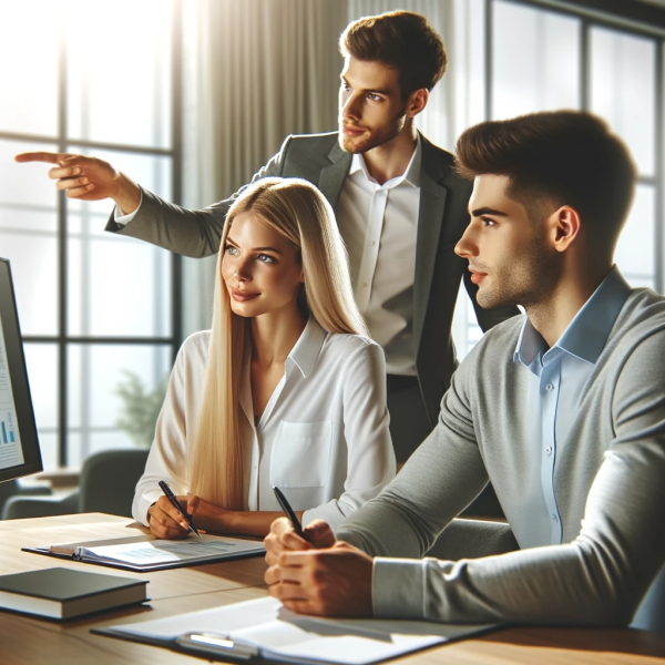 Formation professionnelle avec ChatGPT dans une salle lumineuse moderne, montrant un formateur enseignant à une employée blonde et un employé brun. Interaction dynamique et apprentissage efficace avec écran de présentation.