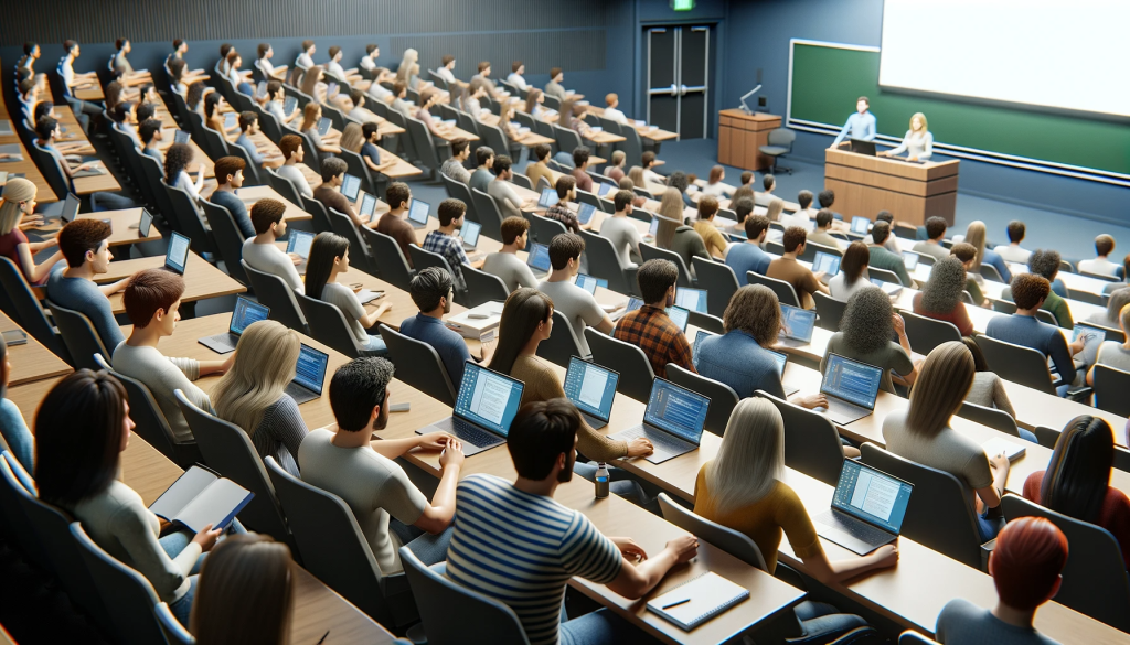 formation harcèlement scolaire : Une salle de conférence universitaire pleine d'étudiants divers concentrés, prenant des notes sur leurs ordinateurs portables pendant un cours. Au premier plan, des étudiants de différents âges et origines écoutent attentivement. Au fond, un professeur est en train de présenter, visible devant un écran de projection.