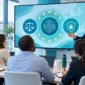 Formateur présentant les obligations de l’AI Act à un groupe de collaborateurs en salle de formation
