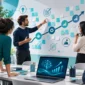 Manager animant un atelier collaboratif avec son équipe, dont une collègue à distance, pour accompagner le changement